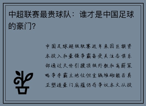中超联赛最贵球队：谁才是中国足球的豪门？